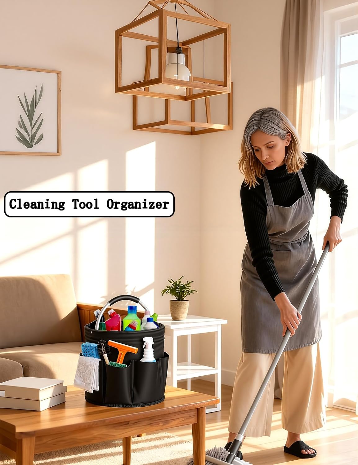 Cleaning Caddy with Handle, for Cleaning Supplies Organizer Bucket | Foldable Storage Tote with 6 Pockets,17L Large Capacity Basket for Household Organizer,Laundry Room,Bathroom & Home
