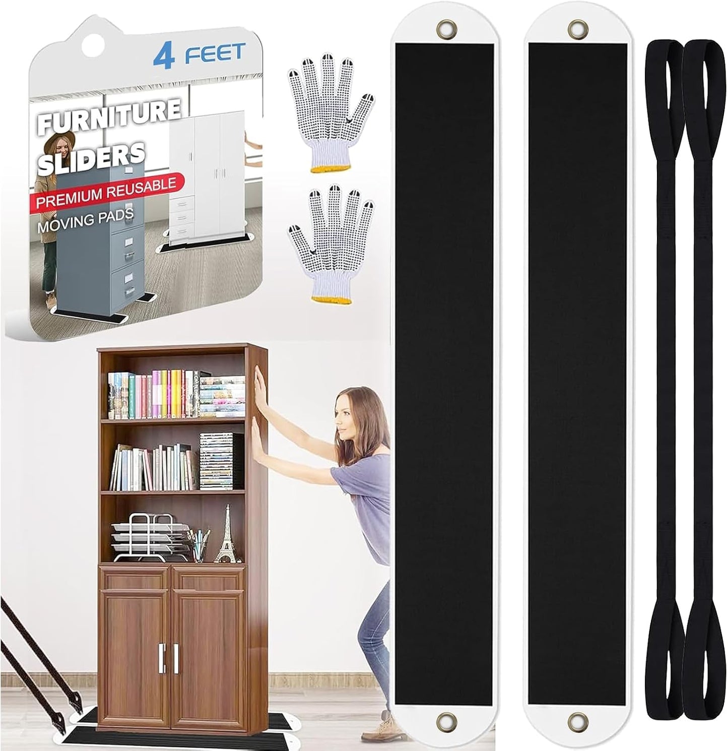 2 Set Large Furniture Sliders with Pull Strap, 4 ft Appliance Moving Sliders, Heavy Duty Furniture Movers Sliders, Furniture Pull Sliders for Carpet and Hardwood Floors (48" x 6.5")