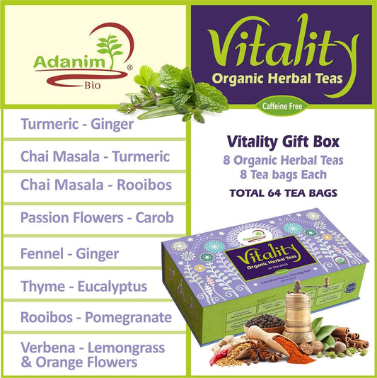 Adanim Bio Vitality Organic Herbal Tea Sampler Gift Box Caffeine Free 8 Unique Flavors for Tea Lovers 64 Individually Wrapped Tea Bags Variety Pack