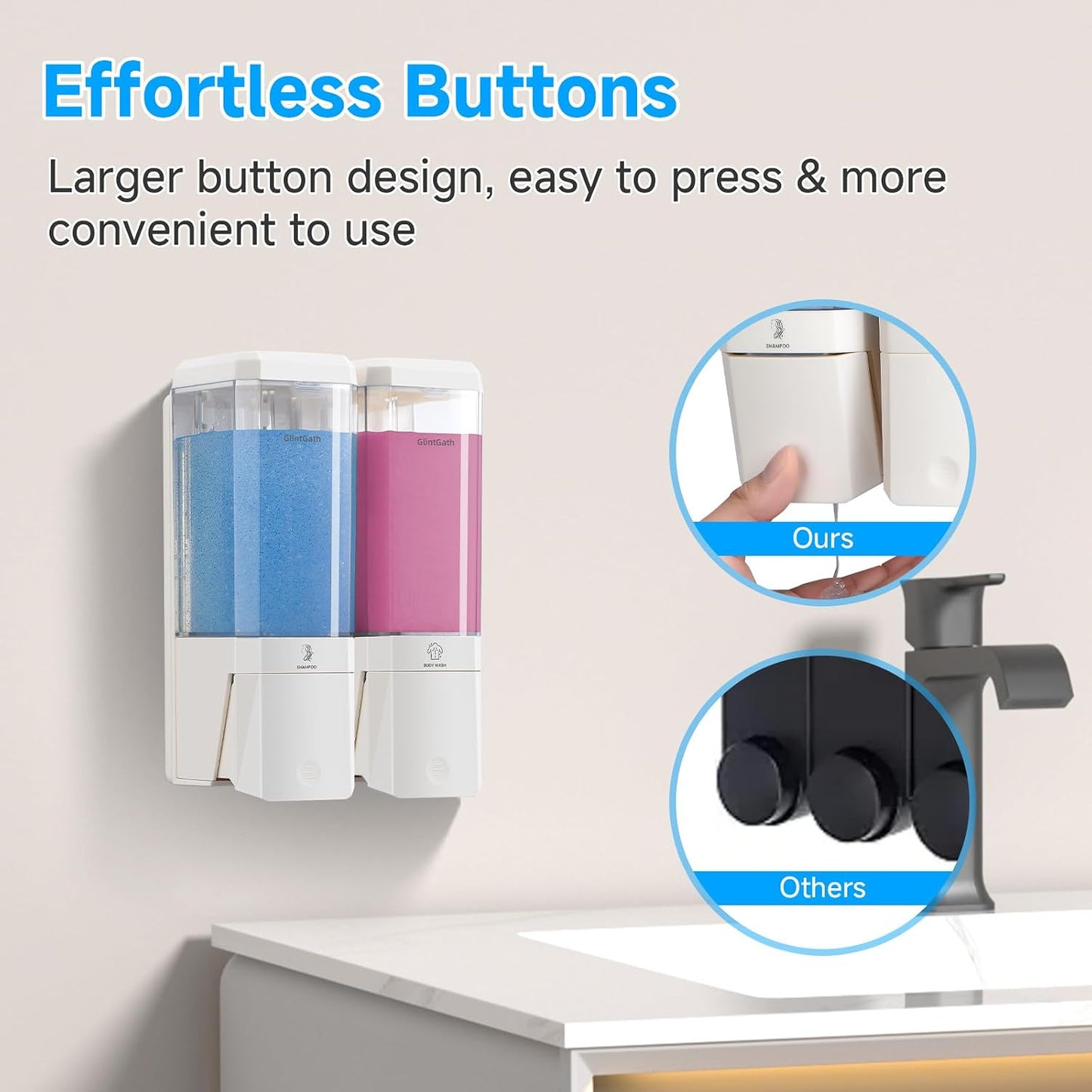 GlintGath Shower Dispenser 3 Chamber No Drill Wall Mounted Shampoo Conditioner Body Wash Dispenser, Large Capacity 1500ML, Black