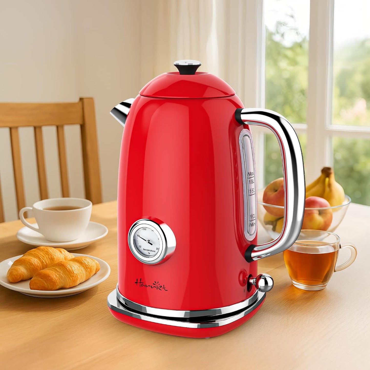 Harriet Electric Kettle, 1.8L Retro Electric Tea Kettle with Thermometer, 1500W Stainless Steel Hot Water Kettle Electric with LED Indicator, Fast Boiling, Cordless, Auto Shut-Off, Yellow