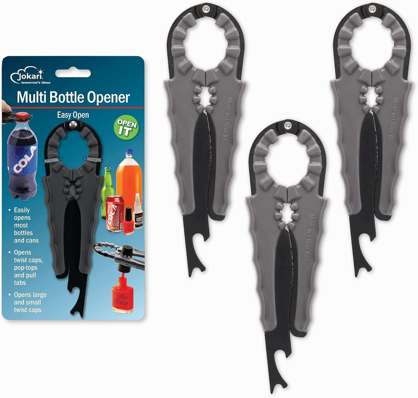 Jokari Multi Bottle Opener for Jars Bottles and Cans 3 in 1 Easy Grip Lid | Weak Hands Twist Caps Pull Tabs, Small Lids Arthritis Aid Manual Kitchen, Open Jars, Bottles, and Cans with