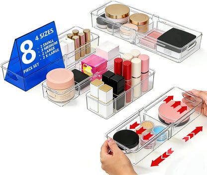 BLULEE 4-in-1 Expandable Drawer Organizer Set, Adjustable Clear Bins | with Dividers for Kitchen, Bathroom, Vanity & Office, Scalable Trays for Cosmetics, Utensils & Desk Accessories (4 Pcs)