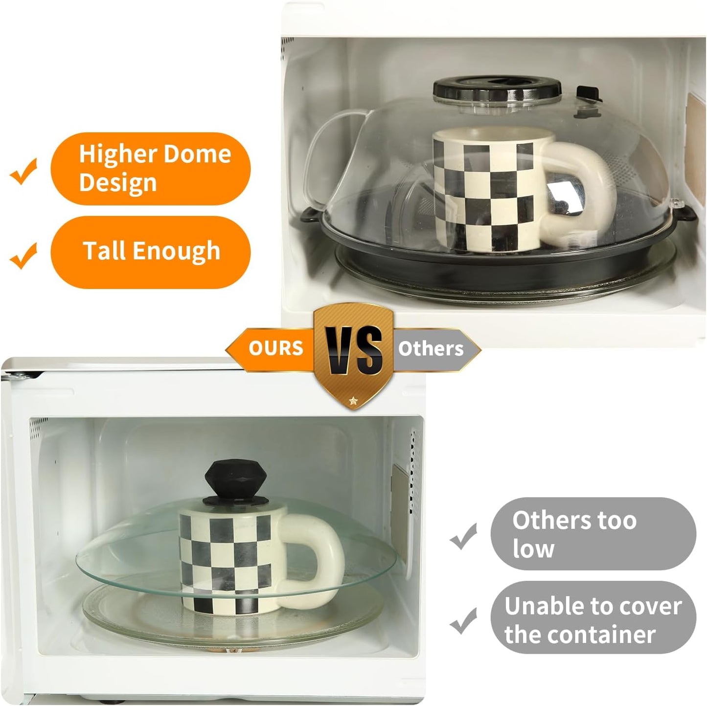 Microwave Splatter Cover Lid for Food 10.2 Inch with Water Steamer, Clear Microwave Splash Guard Cooker Lid with Plate, Dish Bowl Plate Serving Cover Cookware High Transparent Plastic Black