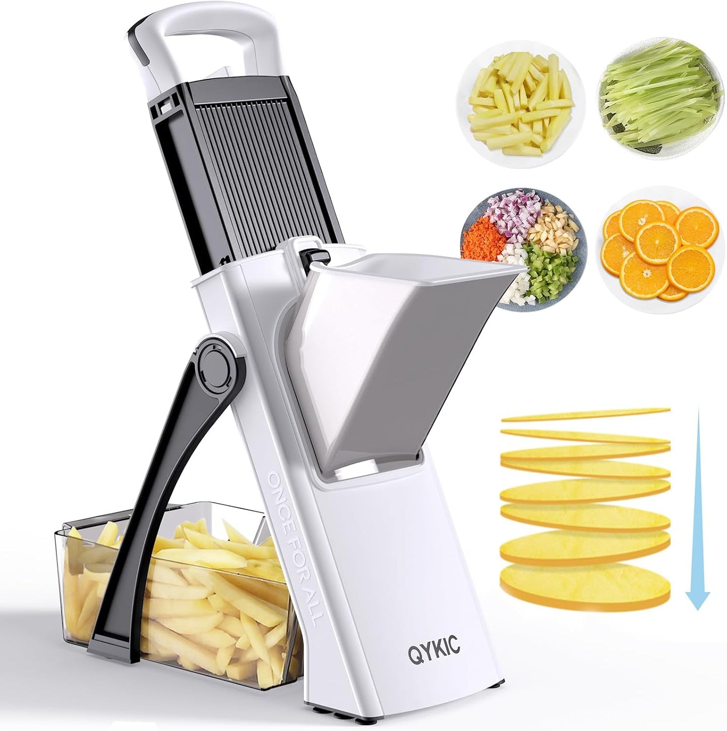 QYKIC Safe Mandoline Slicer Pro for Kitchen, Adjustable Chopper 6 in 1 | Potato Slicer Onion Chopper Fry Cutter Julienne Dicer Large Chute Stainless Steel Blades Detachable Dishwasher Safe Gifts