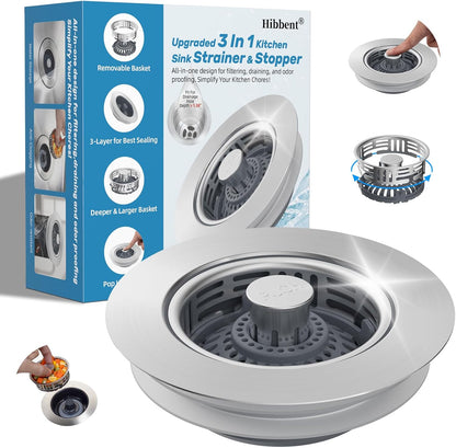 Hibbent 3 in 1 Kitchen Sink Drain Strainer, Metal Pop Up Stopper | Larger Anti-Clogging Basket, 3-Layer Seal, Detachable Sink Drain Plug for US Standard 3-1/2" Drain, Brushed Stainless Steel