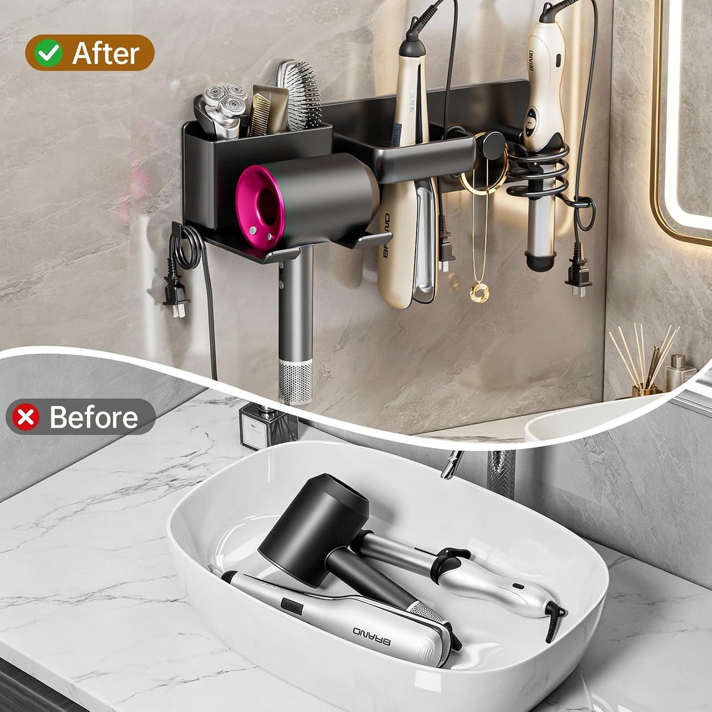 5 in 1 Hair Dryer Holder Hair Tool Organizer Metal Wall Mount (Black) | Curling iron and flat iron storage, Heavy-duty metal rack for styling tools, Cluttered countertops solution for space saving