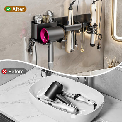5 in 1 Hair Dryer Holder Hair Tool Organizer Metal Wall Mount (Black) | Curling iron and flat iron storage, Heavy-duty metal rack for styling tools, Cluttered countertops solution for space saving