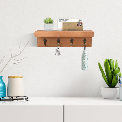 HRONRAD Rustic Key Holder for Wall, Farmhouse Wall Shelf with 4 Hooks, Wall Mounted Key Racks, Wooden Mail Organizer with Hooks for Entryway (Brown - Pine)
