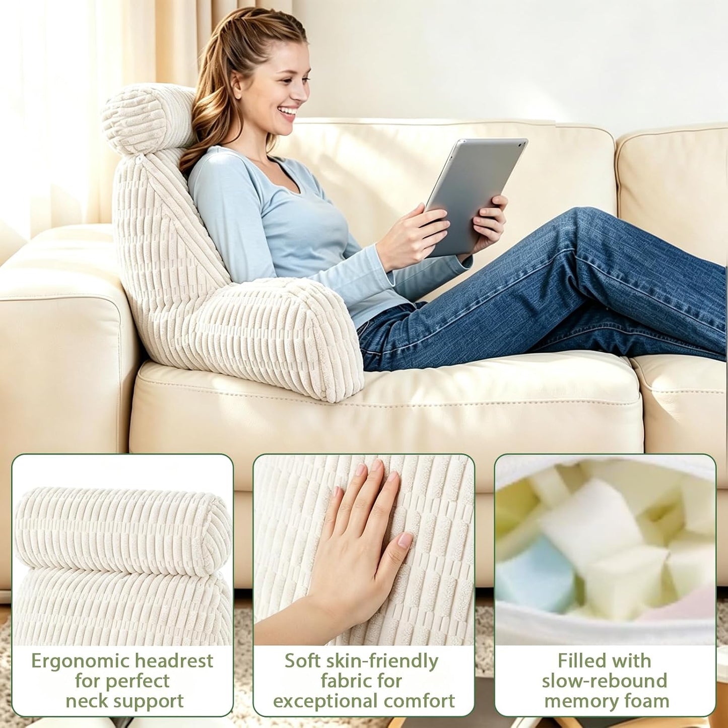 Reading Pillow for Bed, Back Rest Bed Pillow for Sitting Up(Green,Standard) | Back Support Pillows for Bed Sitting Up with a Cylindrical Pillow and Lumbar Pillow, Sitting Pillow for Bed Chair Pillow,18in