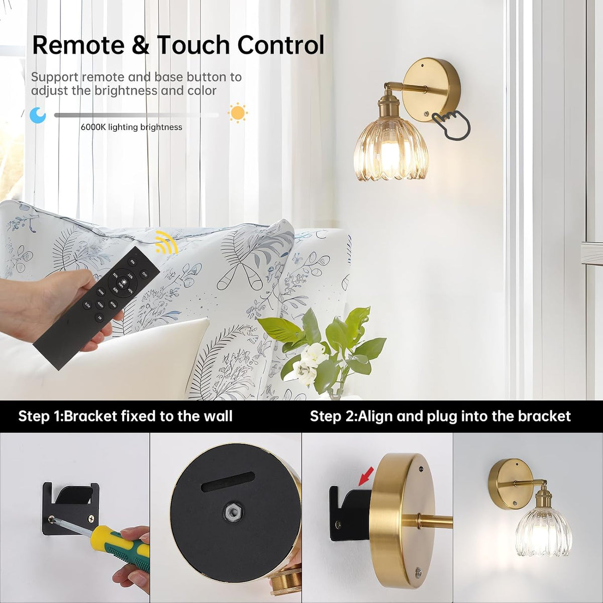 Shenmoyl Vintage Battery Operated Wall Sconce with Green Tulip Glass Lampshade Rechargeable Battery Powered Wall Light with Remote Control for Bedside Bedroom Doorway