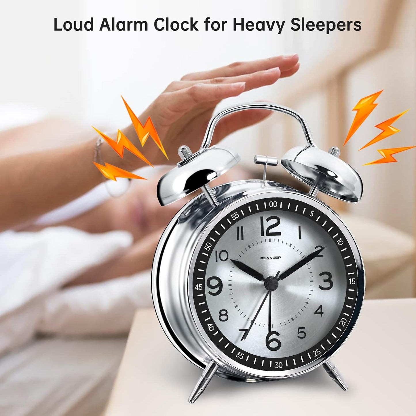 Peakeep Loud Alarm Clock for Heavy Sleepers Adults, Metal 4.5 Inches | Twin Bell Battery Operated Analog Alarm Clocks for Bedrooms Kids' Room Decoration (Jewel Blue)