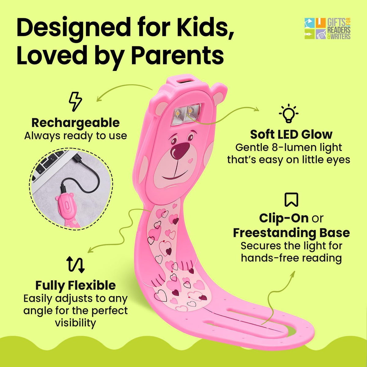 Gifts for Readers & Writers Rechargeable Book Light for Kids, Clip On Reading Light for Bed, 2in1 Flexilight Pals & Bookmark, 12 Hours of Light Once Charged, Includes USB Cable & 2 LED Lights, Dog