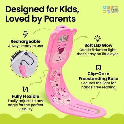 Gifts for Readers & Writers Rechargeable Book Light for Kids, Clip On Reading Light for Bed, 2in1 Flexilight Pals & Bookmark, 12 Hours of Light Once Charged, Includes USB Cable & 2 LED Lights, Dog