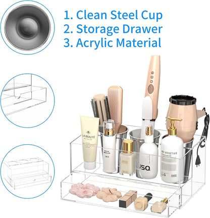 NIUBEE Acrylic Hair Tool Organizer,Hair Dryer Holder Countertop with 3 Cups | Clear, Hot Tools Organizer, Hair Blow Dryer Organizer for Curling Iron, Brush, Straightener, Makeup,Skincare,Vanity, Bathroom