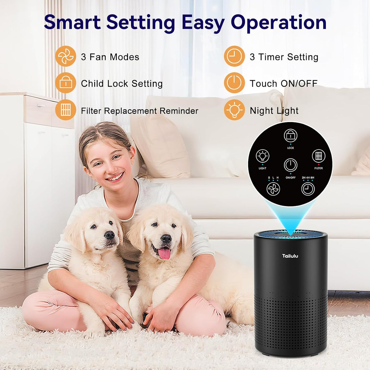 Tailulu Air Purifiers for Home 1200 Ft², H13 True HEPA Air Purifier Bedroom
