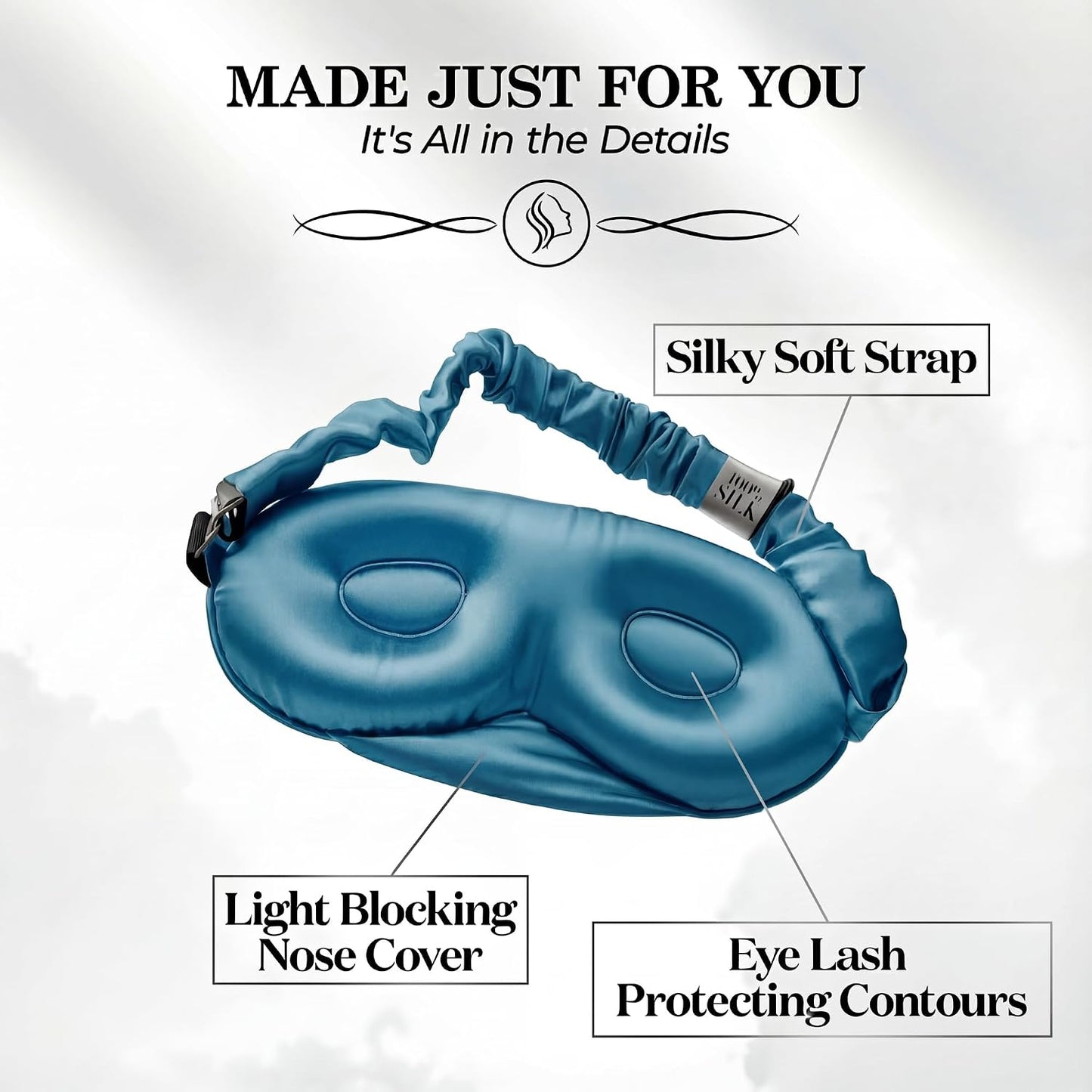 SLEEP SANCTUARY 100% Pure Mulberry Silk Sleep Mask - 22 Momme Light Blocking 3D Contour Silk Eye Mask for Sleeping - Secure Fit for Side Sleepers, Women & Men - Cloud Soft (Misty Blue)