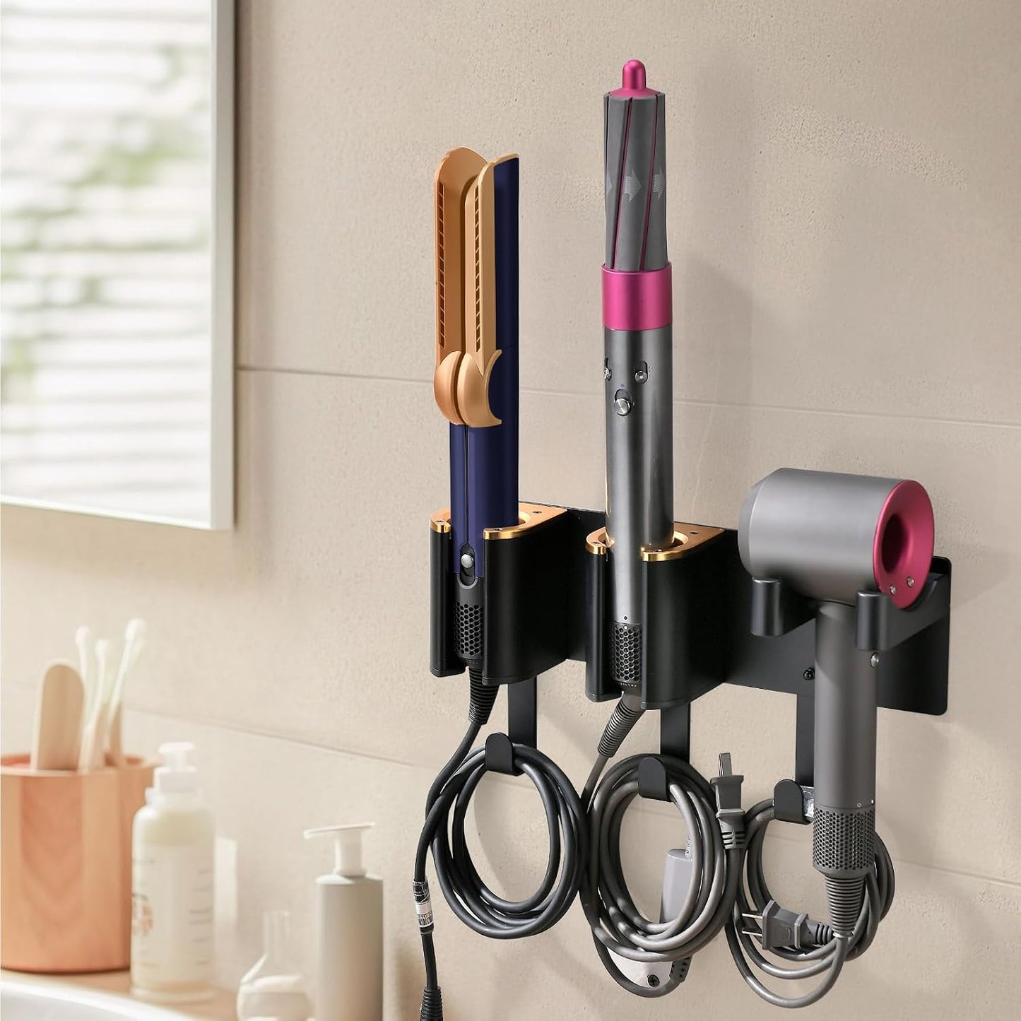 Hair Tool Organizer Wall Mount, Hair Dryer & Curling Iron Storage | 3-Compartment Blow Dryer and Straightener Holder, Screw Mounting, Aluminum Alloy & ABS, White (Hair Tools Not Included)