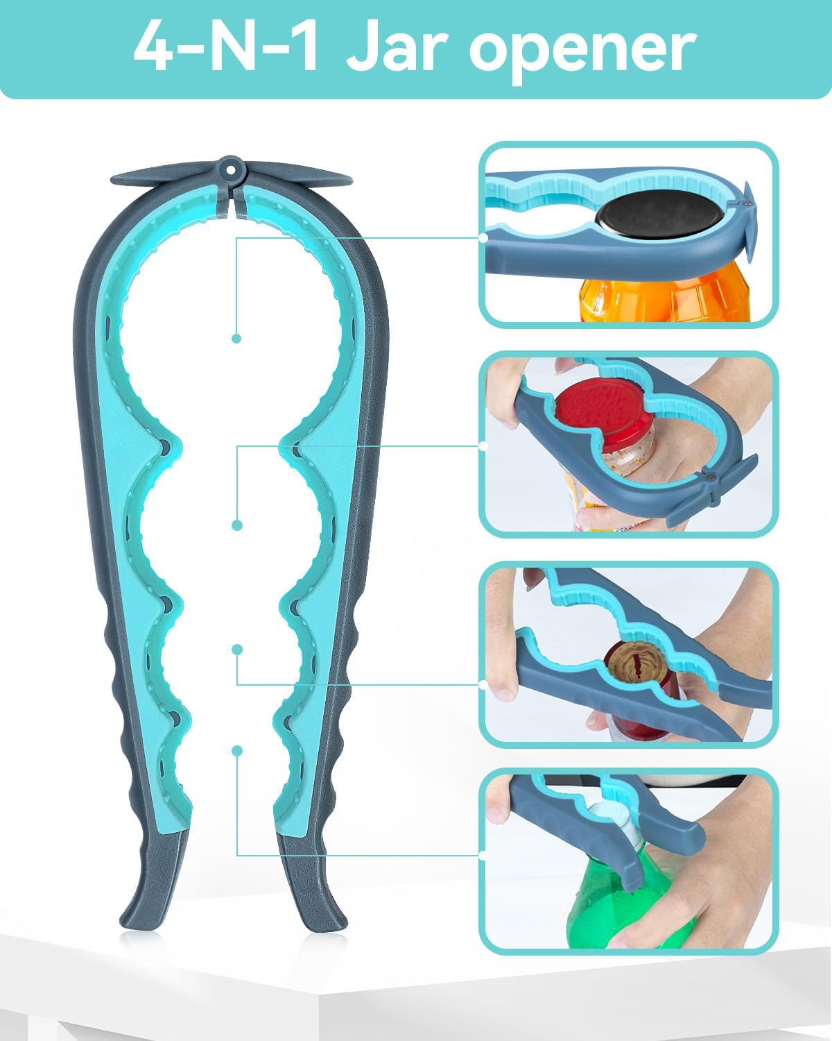 Jar Opener 3-Piece Set, Can and Bottle Opener for Weak Hands | Multi-function kitchen tool set for seniors with arthritis. Ergonomic non-slip, easy-to-use gift for elderly