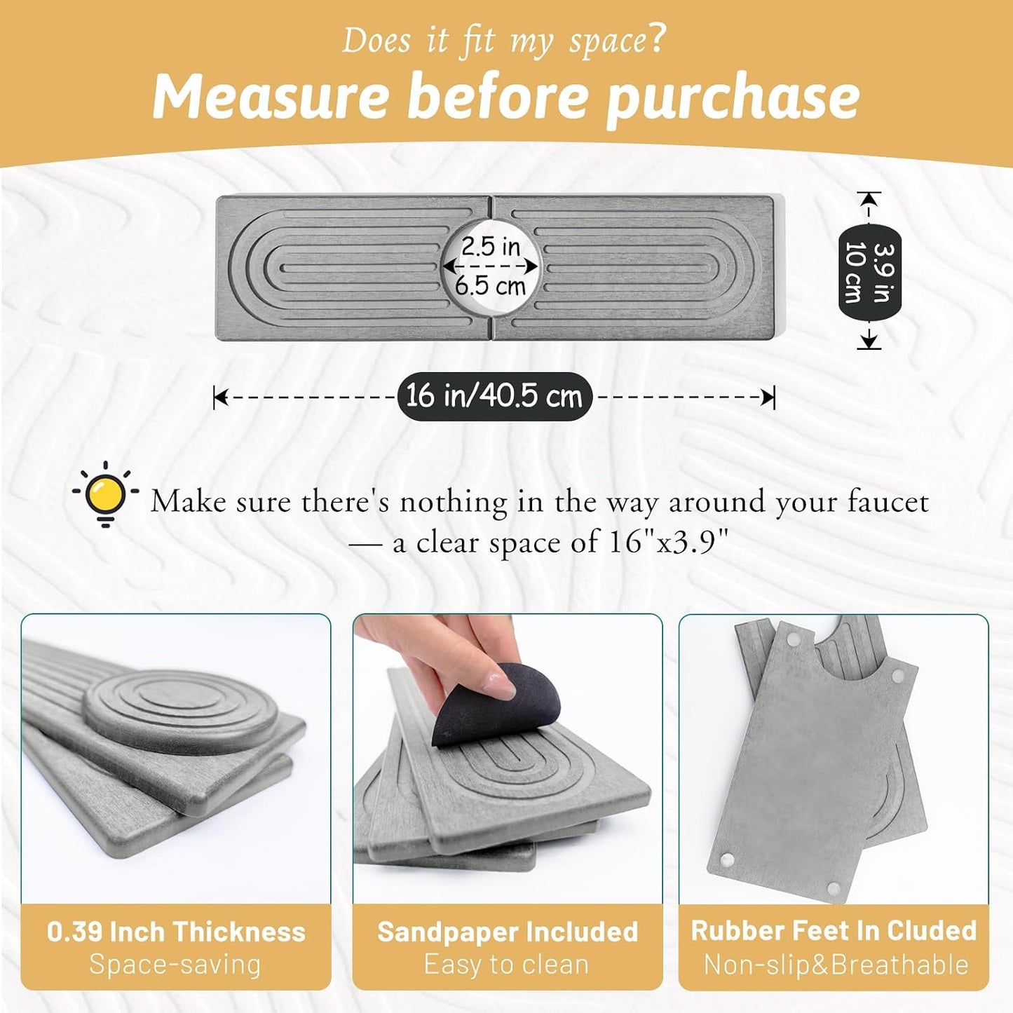 Faucet Mat for Kitchen Sink, 18" Wide Diatomite Fast Drying Stone Tray, Super Absorbent, Prevents Moisture Buildup, Faucet Water Splash Guard for Bathroom Counter, Sink Protector Gift for Mom, White
