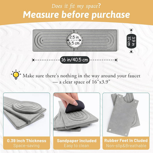 Faucet Mat for Kitchen Sink, 18" Wide Diatomite Fast Drying Stone Tray, Super Absorbent, Prevents Moisture Buildup, Faucet Water Splash Guard for Bathroom Counter, Sink Protector Gift for Mom, White