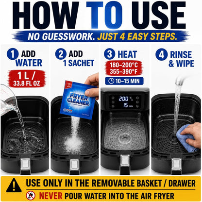 Fryer Cleaner Powder – 6 Pre-Measured Cleaning Sachets for Air Fryers, Deep Fryers & Commercial Fryers Helps Remove Grease & Oil Residue, Helps Eliminate Odors, Easy-to-Use Cleaning Powder