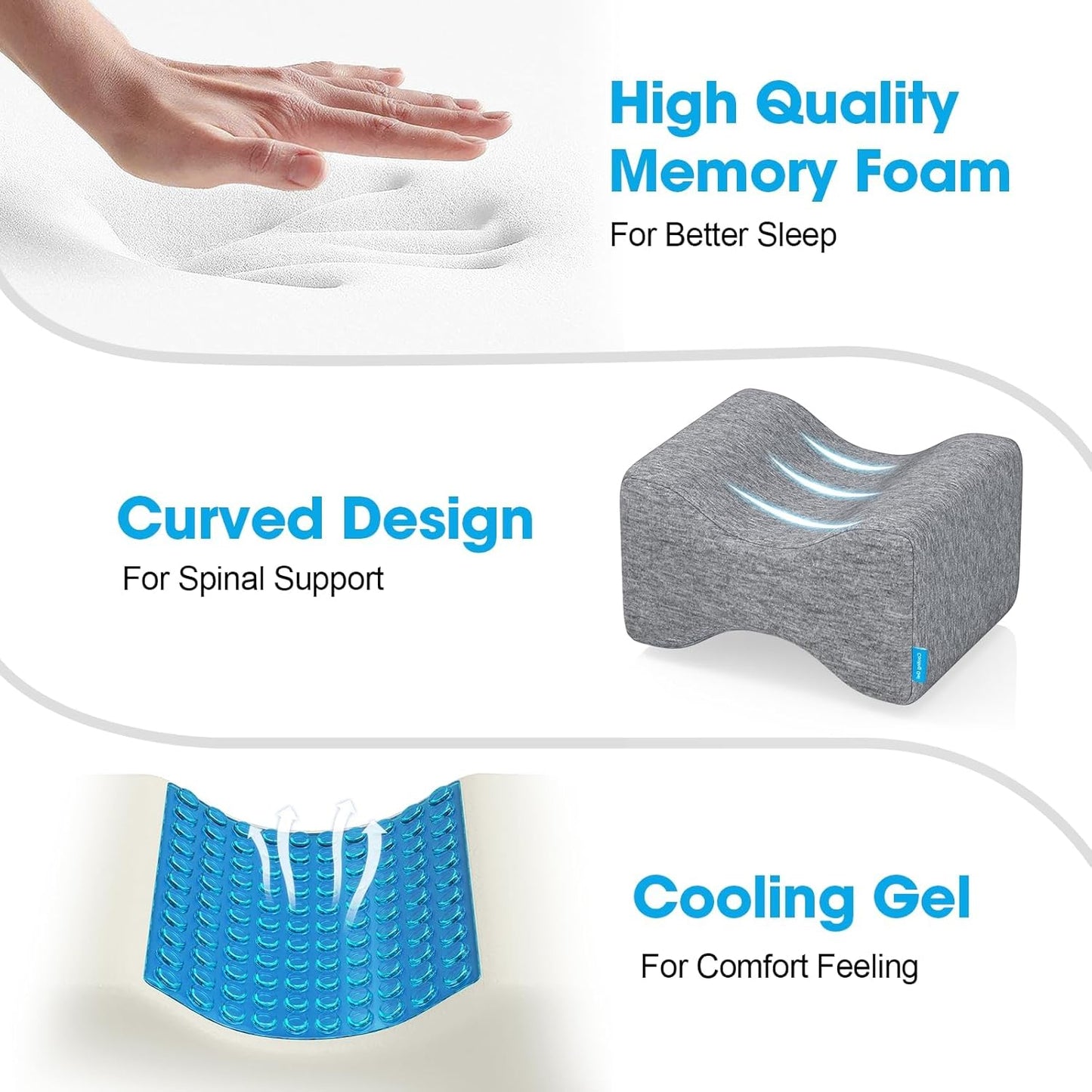 Knee Pillow for Side Sleepers, Leg Pillow with Cooling Gel, Grey/Large | Memory Foam Elevation Pillow for Spine Aligning, Sciatica, Back, Hip, Knee, Ankle Pain