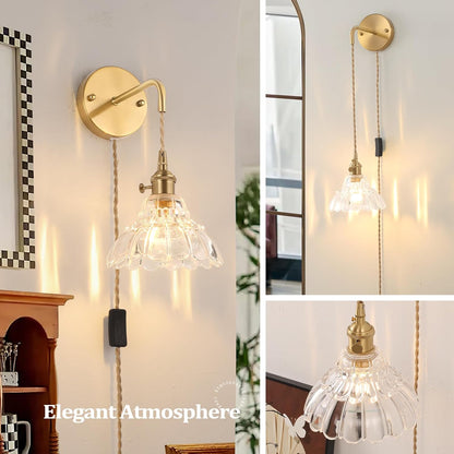 Shenmoyl Battery Operated Wall Sconce Wall Lamp with Green Lily of the Valley Shade Pattern Glass Adjustable Chain Retro Gold Wall Mounted Light, Modern Wall Lamp Fixtures Decor for Bedside Bedroom