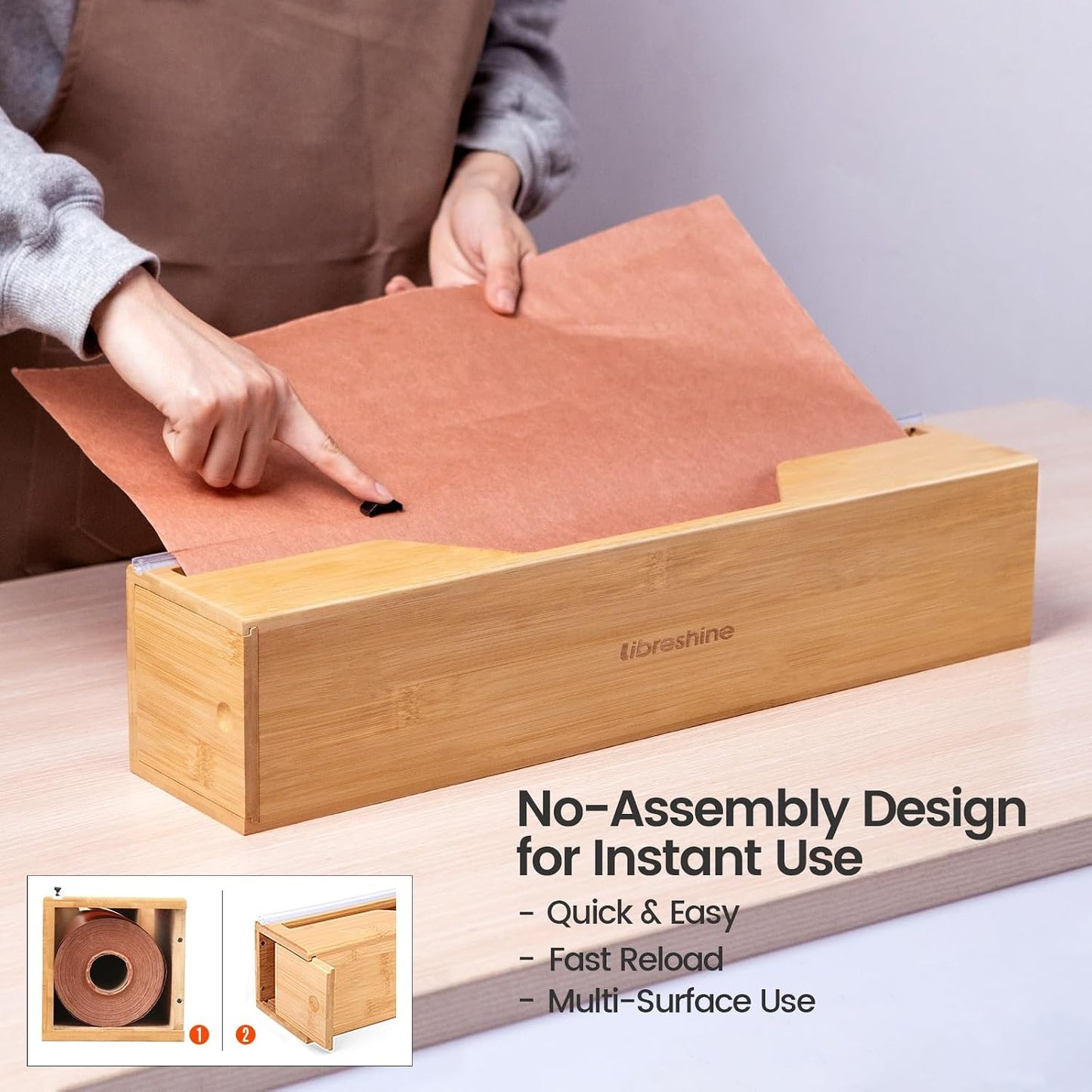 18-Inch Foil Dispenser with Slide Cutter & Butcher Paper Holder | Compact bamboo organizer for countertop, drawer, cabinet or wall mounting, made for many common 18-inch foil and paper rolls