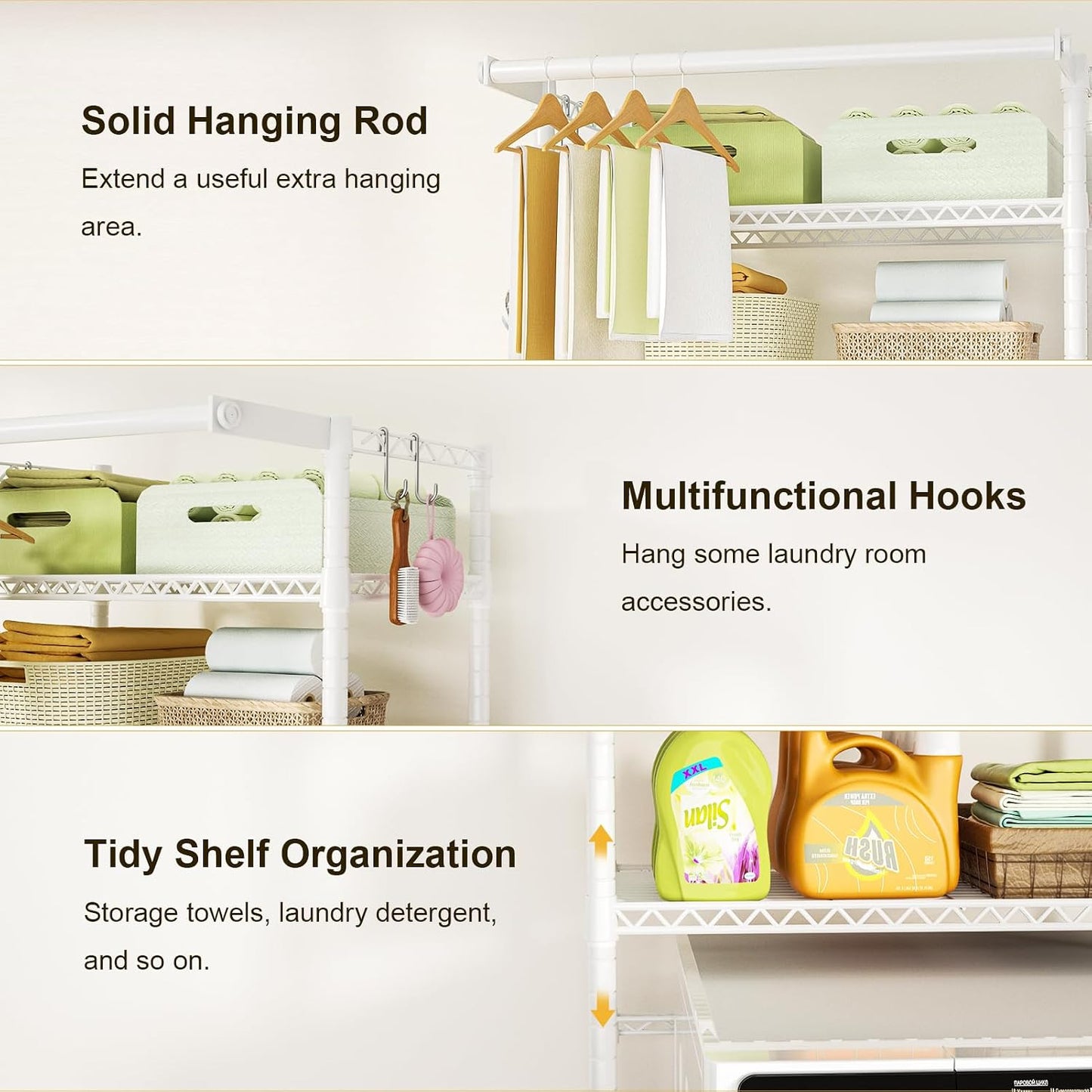 U11 Over Washer and Dryer Shelves, 3 Tiers Laundry Room Storage and Organizer Standing Shelf, Metal Freestanding Clothes Drying Rack, 33.9" W x 19.7" D x 77.6" H, Black