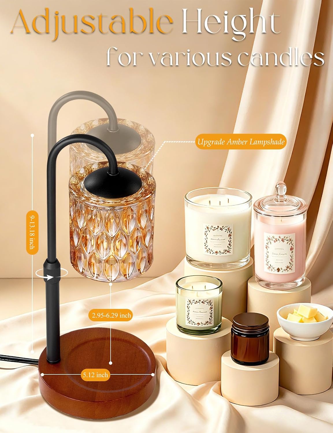 Briever Dimmable Candle Warmer Lamp with Timer, Height Adjustable Electric Candle Wax Warmer, Christmas Birthday Gifts for Women Mom, House Warming Gifts New Home Room Decor, Black Solid Wood Base