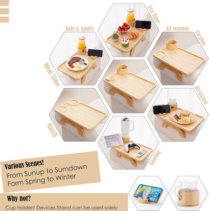 Nnewvante Couch Cup Holder Tray, 3 in 1 Large 15.36"x9.85" Acacia Wood Sofa Arm Clip on Tray Table with 360°Rotated Phone Holder on Armrest