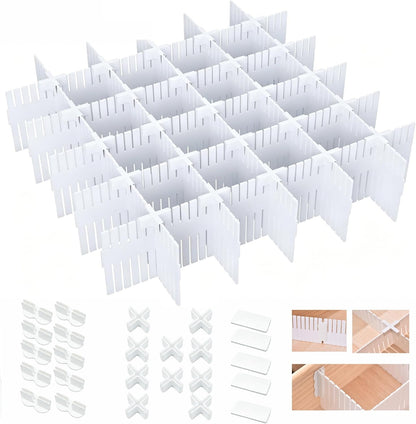 Adjustable Plastic Drawer Separators, 15 PCS Dividers + 25 Connectors, 14.96" Length x 4.33" Height, Cuttable Storage Organizer for Socks, Garments, Kitchen Tools, Bedroom & Bathroom Drawers