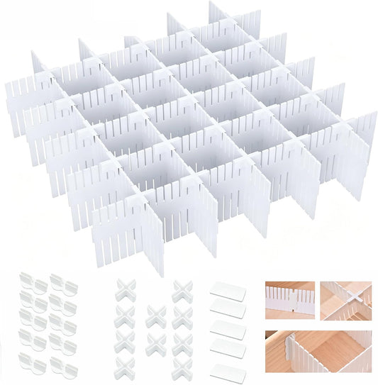 Adjustable Plastic Drawer Separators, 15 PCS Dividers + 25 Connectors, 14.96" Length x 4.33" Height, Cuttable Storage Organizer for Socks, Garments, Kitchen Tools, Bedroom & Bathroom Drawers