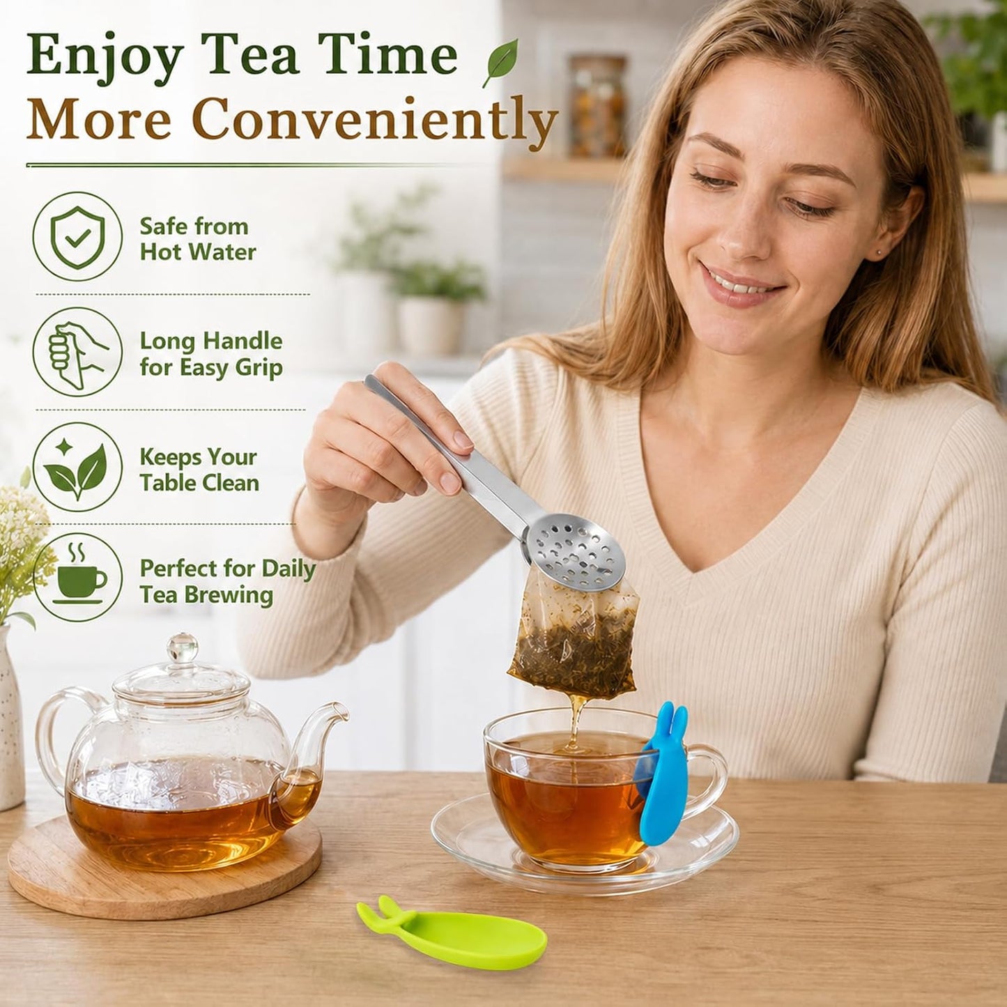 1 Pcs 6 inch Tea Bag Squeezer,With 2pcs Bunny Silicone Tea Tongs | Silicone Tea Bag Holder,Durable Stainless Steel Tea Bag Strainer Clips Herb Or Sugar Ice Cube For Kitchen Bar Tools