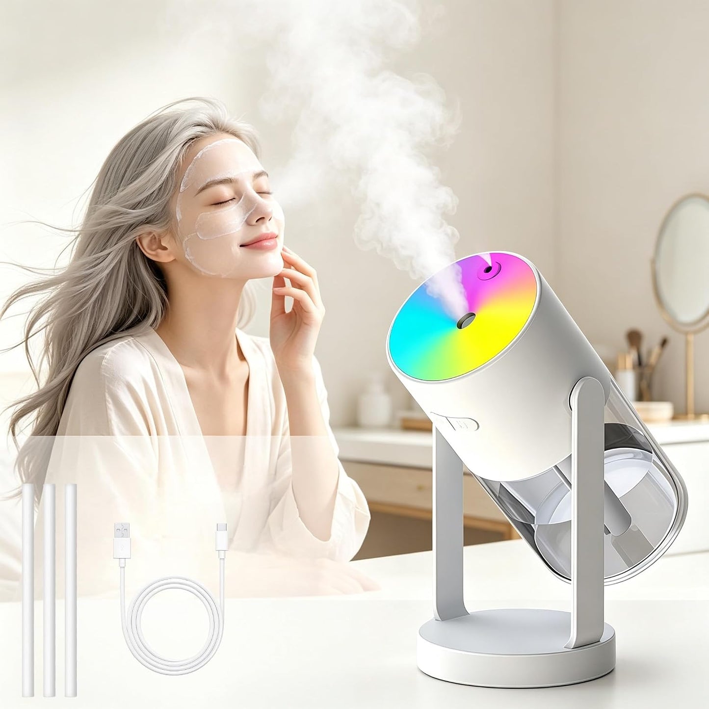 UEISODC bedroom humidifier, desktop USB humidifier, car air freshener, relieves tight skin, cough, nasal congestion, allergies and dry air，With automatic shutdown, silent operation