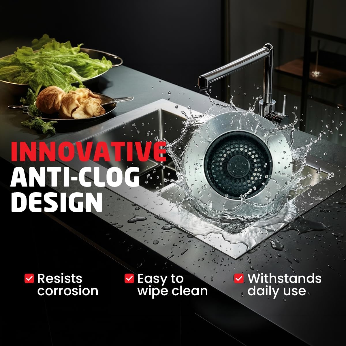 Kitchen SinkShroom Revolutionary Clog-Free Stainless Steel Sink Strainer, Black, 1-(Pack)