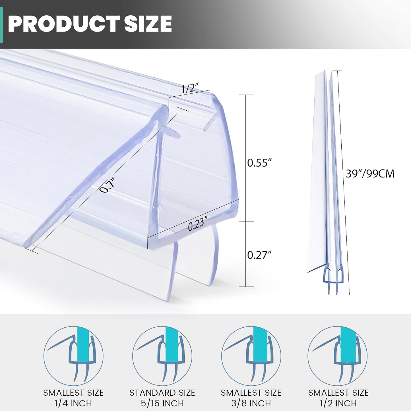 Frameless Shower Door Bottom Seal Strip for 3/8"(10mm) Thick Glass, Super Clear 36 Inch Long 2PCS Shower Door Seal, to Water Block
