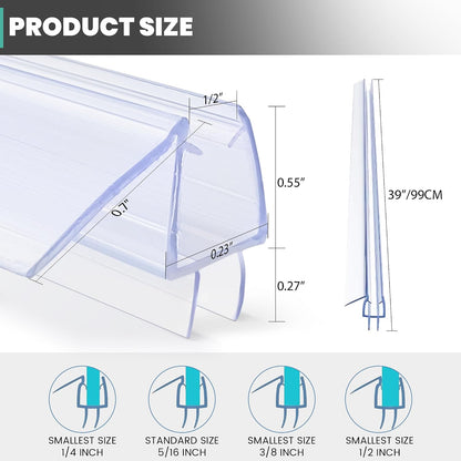 Frameless Shower Door Bottom Seal Strip for 3/8"(10mm) Thick Glass, Super Clear 36 Inch Long 2PCS Shower Door Seal, to Water Block