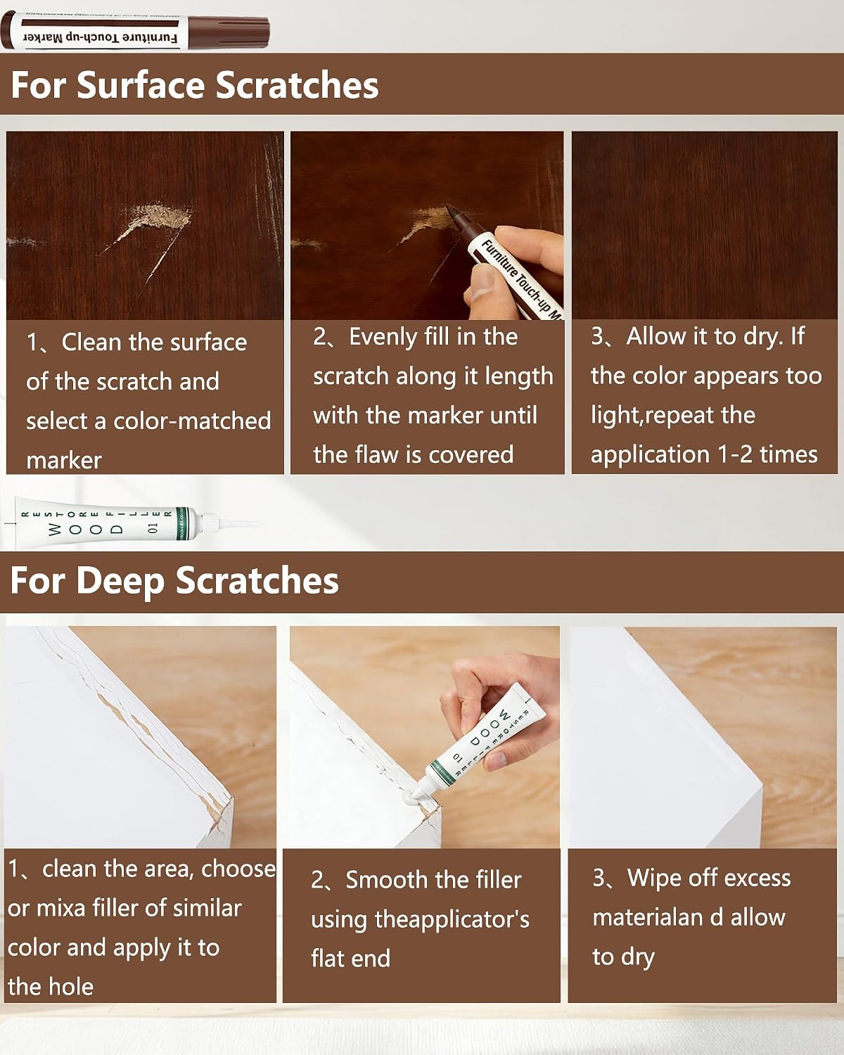 Wood Repair Kit - Scratch Repair Set of 21 - Wood Filler and Furniture Markers for Touching Up Hardwood Scratches, Holes, Cracks, Stains, Laminate Floor, Cabinets, and Tables