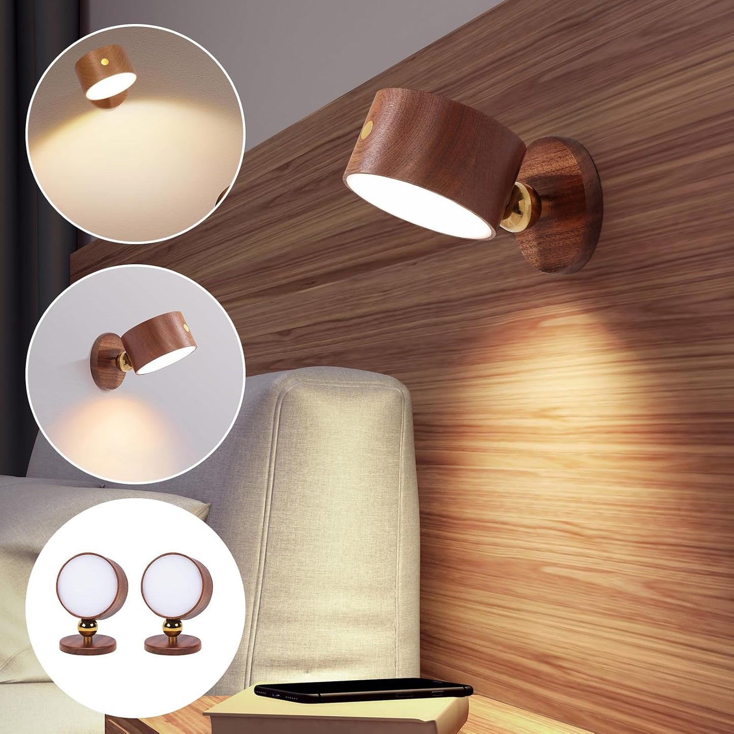 Wooden Wall Sconce 360° Rotatable Magnetic Stick on Bedside- Beech,1 PCS | Wall light self adhesive,dimmable touch control. USB-C port, minimalist style in hallways,closets,desk,reading,ambient