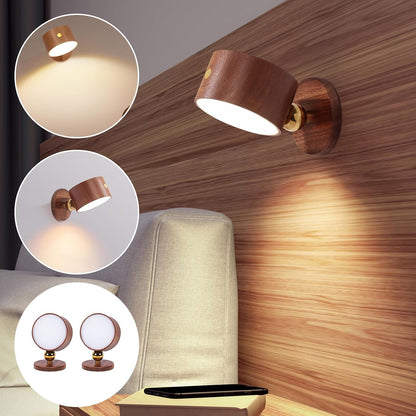 Wooden Wall Sconce 360° Rotatable Magnetic Stick on Bedside- Beech,1 PCS | Wall light self adhesive,dimmable touch control. USB-C port, minimalist style in hallways,closets,desk,reading,ambient