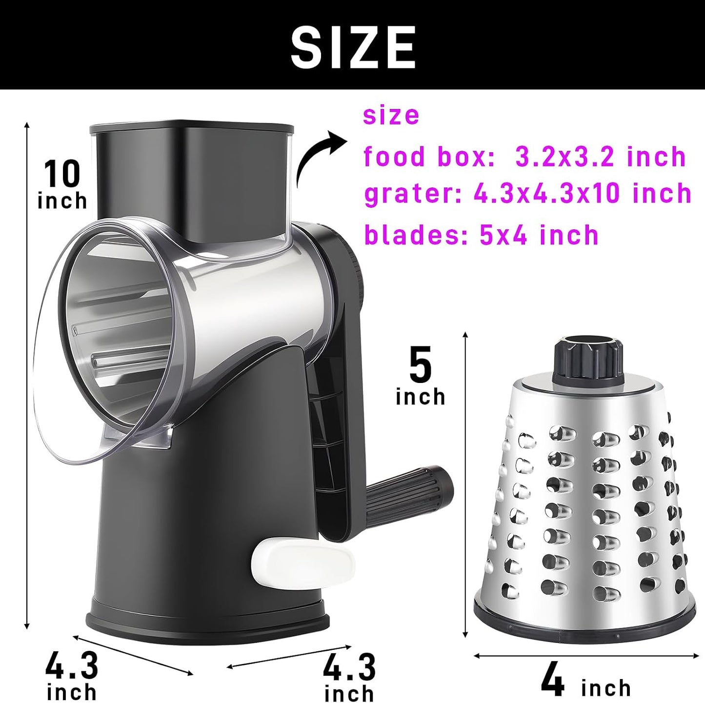 Weltonhm 4 in 1 Large Rotary Cheese Grater Hand Crank (black, 3 Graters) | Cheese Shredder Rotary and Slicer with 4 Stainless Steel Blades for Vegetables, Veggie and Cheese, Stronger Suction Base
