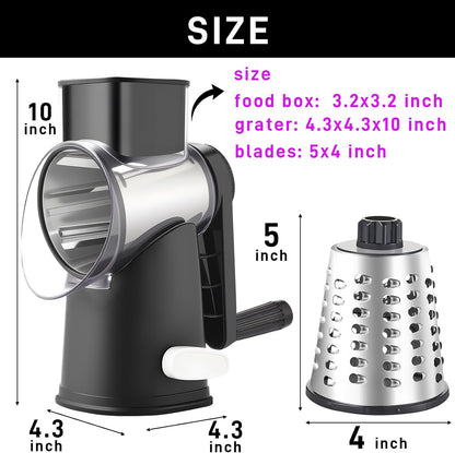 Weltonhm 4 in 1 Large Rotary Cheese Grater Hand Crank (black, 3 Graters) | Cheese Shredder Rotary and Slicer with 4 Stainless Steel Blades for Vegetables, Veggie and Cheese, Stronger Suction Base