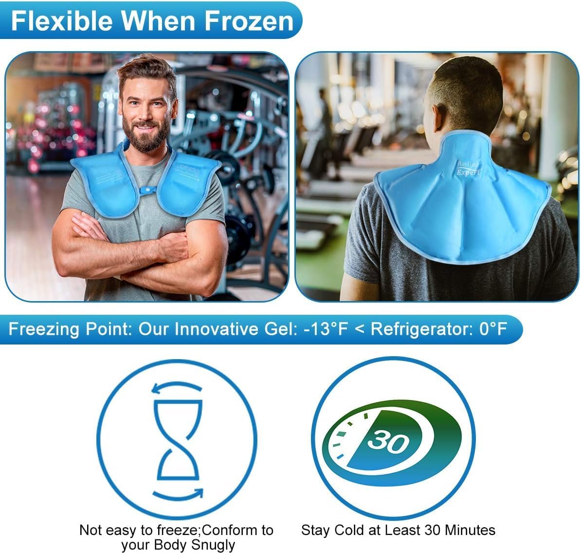 Reusable Ice Pack for Neck and Shoulders Upper Back Discomfort, Large Neck Ice Pack Wrap with Soft Plush Lining, Reusable Gel Cold Compress for Post-Workout Recovery, Hands-Free Design, Blue