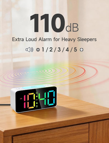 Cadmos 110dB Extra Loud Alarm Clock for Heavy Sleepers Adults, Digital Clock with 7 Color Night Light, RGB Display, Dual USB Charger, Small Clocks for Bedrooms, Kids, Teens (White+RGB)