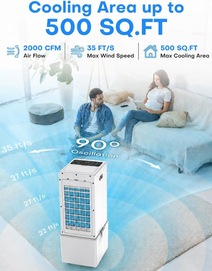 Portable Air Conditioners 4 Modes&3 Speeds,4 Ice Packs, Waterless Alert System, 12H Timer, Remote,1 Gal Detachable Water Tank, 70°Oscillation Windowless Evaporative Air Cooler for Room Office