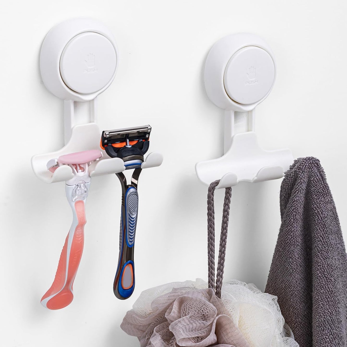Razor Holder for Shower 2 Pack, Powerful Vacuum Suction Cup Hook for Towel, Loofah, Razor, Squeegee, Damage-Free Wall Shower Hook, Shaver Holder for Bathroom, Easy to Install and Reuse, Black