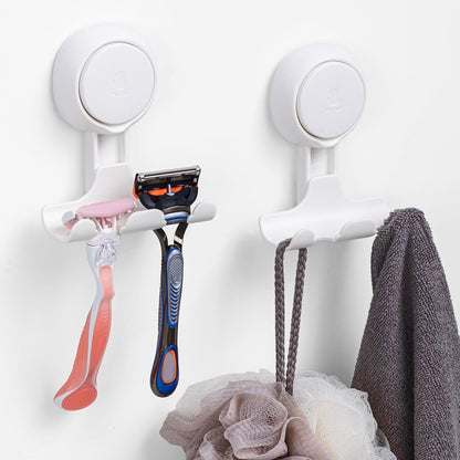 Razor Holder for Shower 2 Pack, Powerful Vacuum Suction Cup Hook for Towel, Loofah, Razor, Squeegee, Damage-Free Wall Shower Hook, Shaver Holder for Bathroom, Easy to Install and Reuse, Black