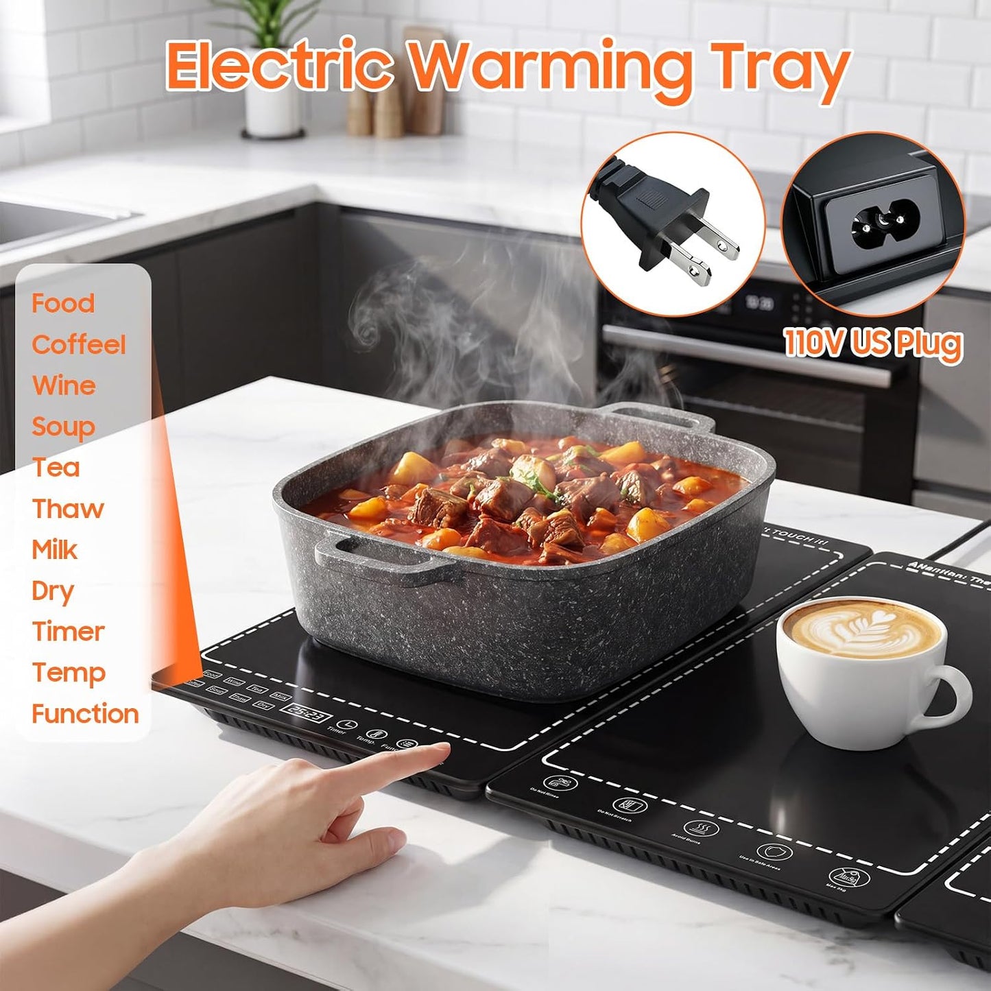 Electric Warming Tray for Food, 3-in-1 Food Warming Mat|26x15 in tempered glass tray,10 Temp Settings, 30M–24H Timer,Child Lock,parties,buffet serving,family dinner,holidays